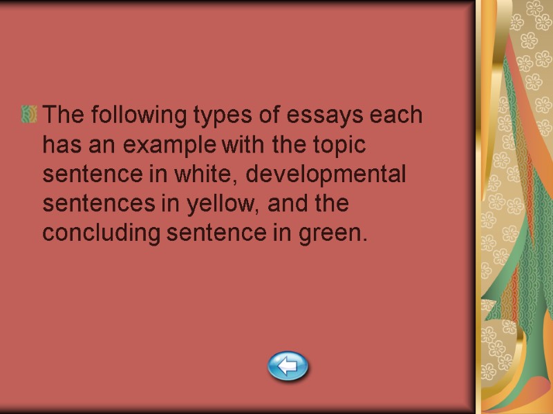 The following types of essays each has an example with the topic sentence in